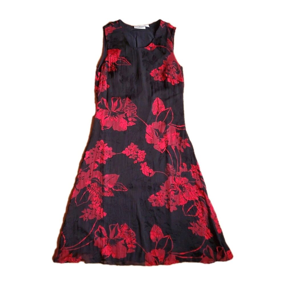 Norm Thompson Sleeveless Dress Sz 10 Silk Blend Black Red Dark Floral Whimsigoth